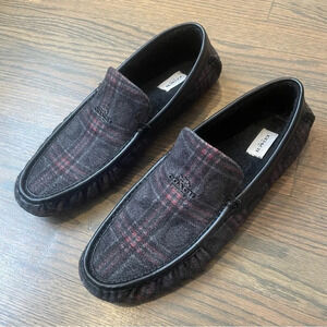 COACH FG4832 DARK GREY PLAID Faux Shearling SLIPPERS